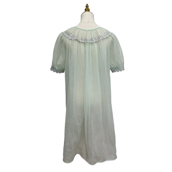 Vintage 50s Green Nylon Sheer Chiffon Embroidered Peignoir Dressing Robe Size L - Picture 7 of 8